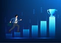 Businessman running upwards Graph the chart to get the trophy. Shows how to do business to reach goals Let the company grow