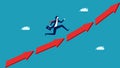 A businessman runs along an arrowhead. growth direction concept