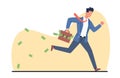 Businessman runs away with briefcase with paper money falling out of it. Running man, hurry person, successful