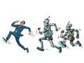 Businessman runs away from robots. scientific development, the concept of human fears against progress