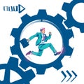 Businessman runs in a gear mechanism. A lot of work deadline