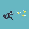 Businessman runs after money flies away. Man in a hurry for coins with wings. Vector illustration. Concept of desire for wealth Royalty Free Stock Photo