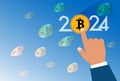businessman\'s hand holding bitcoin coin in 2024 on blue background