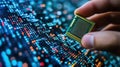 Businessman\'s Hand Holding Digital Chip in Front of Binary Code: Cyber Security, Business Technology, AI & Big Data Conc Royalty Free Stock Photo