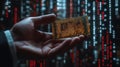 Businessman\'s Hand Holding Digital Chip in Front of Binary Code: Cyber Security, Business Technology, AI & Big Data Conc Royalty Free Stock Photo