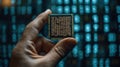 Businessman\'s Hand Holding Digital Chip in Front of Binary Code: Cyber Security, Business Technology, AI & Big Data Conc Royalty Free Stock Photo