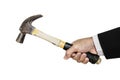 Businessman's hand holding old hammer, isolated on white background Royalty Free Stock Photo