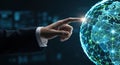 Businessman\'s hand interacting with futuristic glowing digital globe network global technology concept Royalty Free Stock Photo