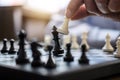 Businessman`s hand playing chess game to development analysis new strategy plan, business strategy leader and teamwork concept fo Royalty Free Stock Photo