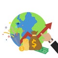 Businessman`s hand pointing at money profits and global economy world savings icon vector illustration in flat style