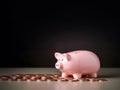 businessman\'s hand is putting coins on a Pink piggy bank with nature blurred background. a pile of coins, business Royalty Free Stock Photo