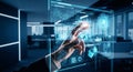 Businessman\'s Hand Touching a Holographic Data Analysis Dashboard in a Modern Office Royalty Free Stock Photo