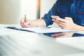 Businessman`s hands with calculator at the office and Financial Royalty Free Stock Photo