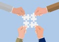 Businessman`s hands connecting puzzle pieces jigsaw together,successful solution teamwork cooperation business concept Royalty Free Stock Photo