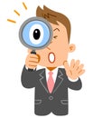 Businessman`s upper body, young freshman who is surprised at peering into the magnifying glass Royalty Free Stock Photo