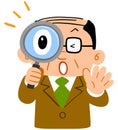 Businessman`s upper half of astonishing peeping through the magnifying glass Middle-aged thinning hair