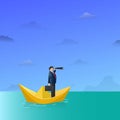 Businessman sailing on paper boat in ocean hold telescope. Goal search, business vision, reach the target concept vector