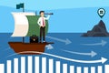 Businessman sailing ship search of luck illustration. Correct strategy and favorable financial wind with finding