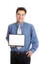 Businessman or salesman holding sign