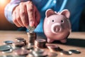 Businessman saving money concept. hand holding coins putting in piggy bank. Generative AI Royalty Free Stock Photo