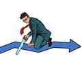 Businessman sawing curve graph. self-destruction stupidity and bankruptcy. incompetence Royalty Free Stock Photo