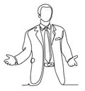 Businessman says waving his hands. Continuous line drawing. Isolated on the white background. Vector monochrome, drawing