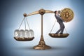 The businessman on scales with bitcoins and other currencies Royalty Free Stock Photo