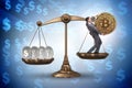 The businessman on scales with bitcoins and other currencies Royalty Free Stock Photo