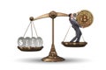 The businessman on scales with bitcoins and other currencies Royalty Free Stock Photo