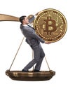 Businessman on scales with bitcoins and other currencies Royalty Free Stock Photo