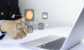 Businessman scan fingerprint with virtual screen interface to enter internet network.Futuristic virtual screen interface