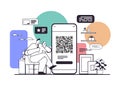 businessman scanning QR code on smartphone screen readable barcode verification concept