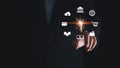 Businessman scans fingerprints for identity verification Biometrics. cybersecurity concept, computer electronic password to access
