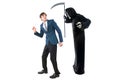 Businessman Scared of a Man Wearing a Ghost Costume on Halloween Royalty Free Stock Photo