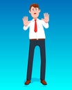 Businessman scared. Office worker frightened gesture with hands Royalty Free Stock Photo