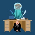 Businessman scared under table of Alien Invader. frightened business man under work board. Space pirate Octopus. Boss fear office