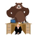 Businessman scared under table of Bear. frightened business man