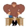 Businessman scared under table of bigfoot. To hide from to be e Royalty Free Stock Photo