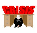 Businessman scared under table from crisis. frightened business