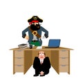 Businessman scared under table of pirate. To hide from robbery. Royalty Free Stock Photo