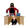 Businessman scared under table of pirate. To hide from robbery. Royalty Free Stock Photo