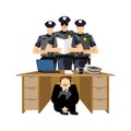 Businessman scared under table of policemen. frightened business