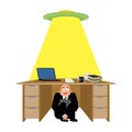 Businessman scared under table of UFO. frightened business man u