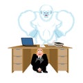 Businessman scared under table of yeti. To hide from to be eaten Royalty Free Stock Photo