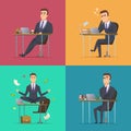 Businessman scenes. Office manager or director various poses sitting desk works sleeping meditates thinking wor routine Royalty Free Stock Photo