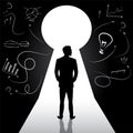 Businessman or scientist silhouette standing front of door keyhole. Male character back view Royalty Free Stock Photo