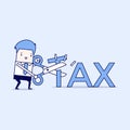 Businessman with scissors cutting big T letter. Reduce Tax Business concept. Cartoon character thin line style vector. Royalty Free Stock Photo