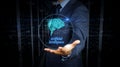 Businessman and screen with cyber brain symbol hologram