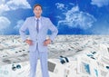 Businessman in sea of documents under sky clouds Royalty Free Stock Photo