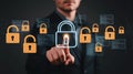 Businessman Securing Data with Digital Locks Emphasizing Cyber Security Solutions and Information Protection Strategies Royalty Free Stock Photo